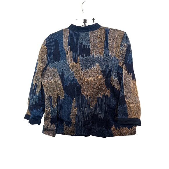 Chicos Open Front Jacket Women’s Size 2 Navy & Beige Textured Pattern Cotton Ble - Picture 2 of 8